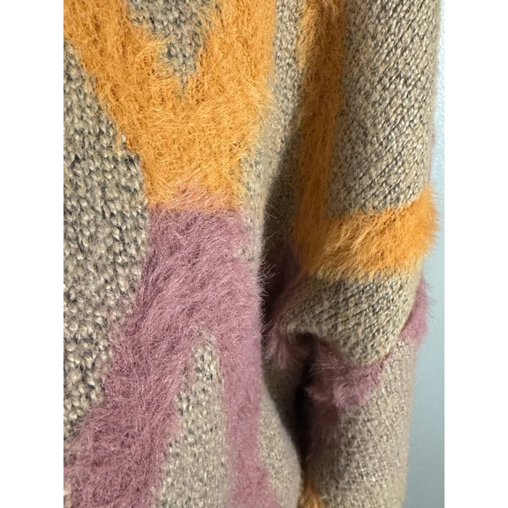 Kori America S/M Tan Brown Orange Pink Diamond Pattern Open Front Cardigan Women